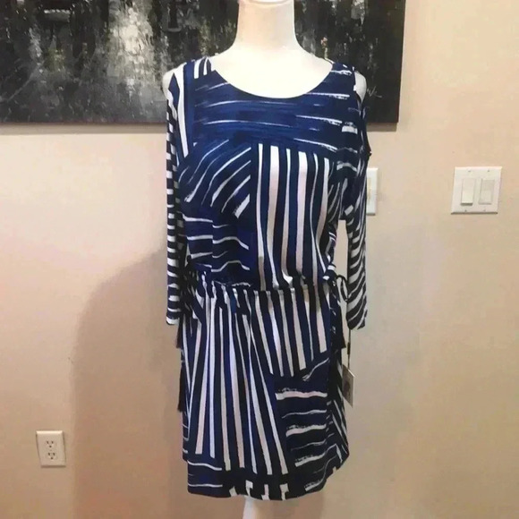 NWT CALVIN KLEIN Royal Blue & White Drawstring Waist Cold Shoulder Dress- Size 6 - Picture 1 of 13